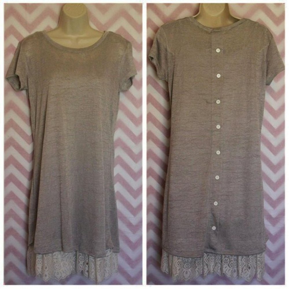 Adorable Gray Lace Hem Button Back Dress Size M